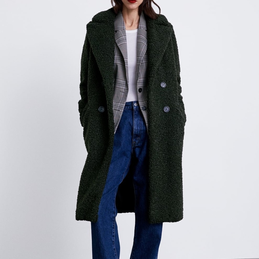 Zara teddy long coat forest green size xs